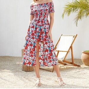 Floral Print Off Shoulder Smocking Dress